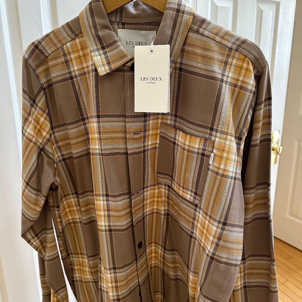 LES DEUX Keanu Check Twill Shirt Color Walnut/Ivory Size Medium